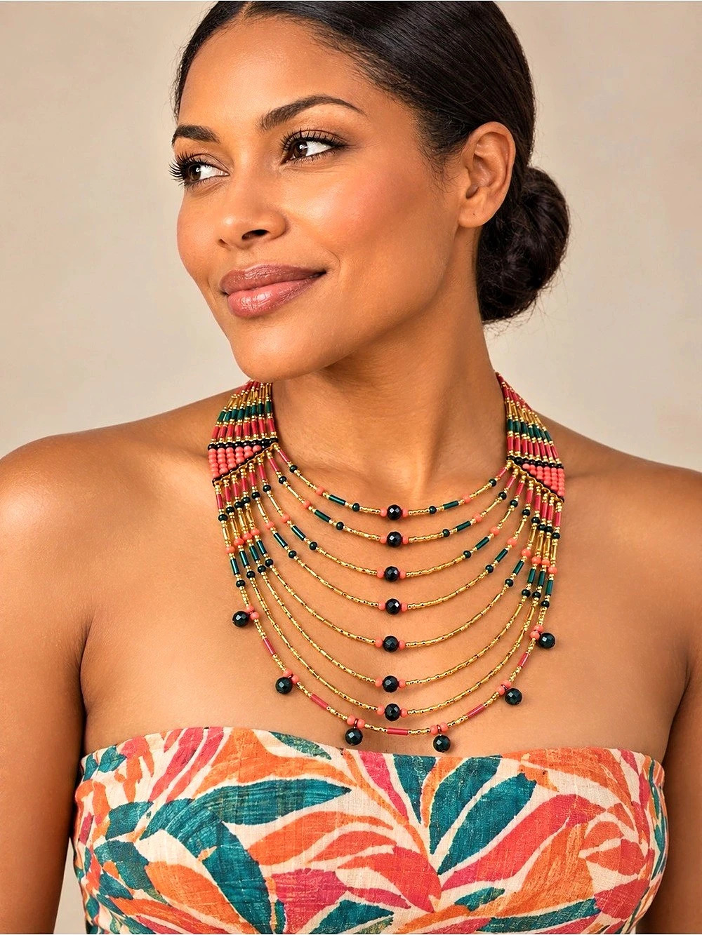 Unbranded Coral Green Gold Tone Multistrand Bib Necklace